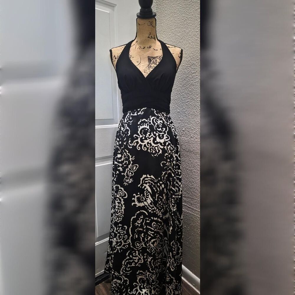 VINTAGE 90s Betsy & Adam Whimsigoth Black & White Scroll Halter Maxi Gown - Picture 1 of 4